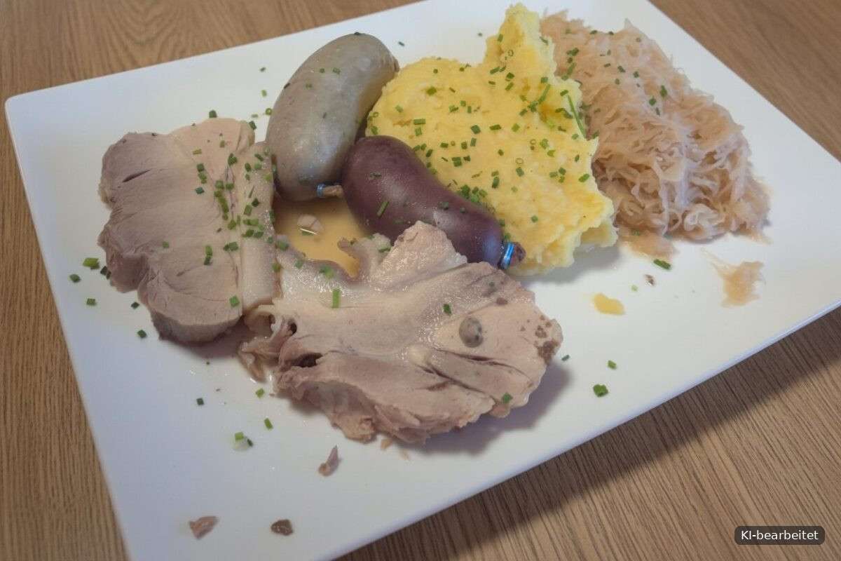 Teller mit Schlachtplatte bestehend aus Blut- und Leberwurst, Kesselfleisch und Sauerkraut auf einem Holztisch in einer badischen Straußwirtschaft